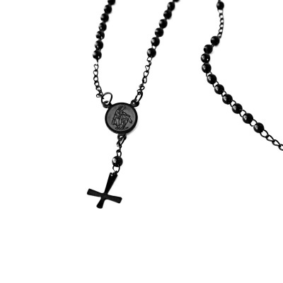 Ocelový náhrdelník - Černý růženec / Obracený kříž (V20)