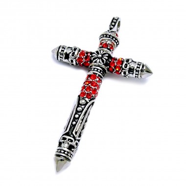 Ocelový přívěsek - Gotický kříž / červené kameny / Gothic Cross / Red Stones (5847)