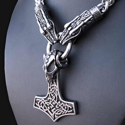Ocelový přívěsek + Řetěz Dragon Heads / Thor´s Hammer S01