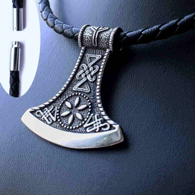 Ocelový přívěsek - Vikinská Sekera / Viking Axe + Kůže 60 cm (018)