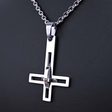 Ocelový Přívěsek + Řetízek - Obrácený kříž / upside down cross 09