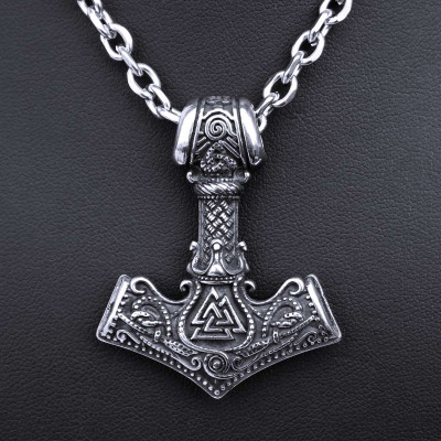 Ocelový přívěsek + Řetízek - Thorovo Kladivo / Mjolnir / Valknut / Runy (019)