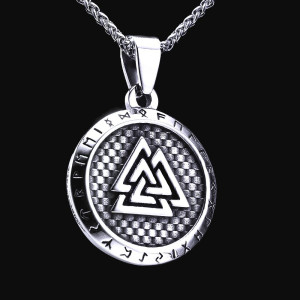 Ocelový Přívěsek + Řetízek - Valknut Amulet / Futhark runy  (026)