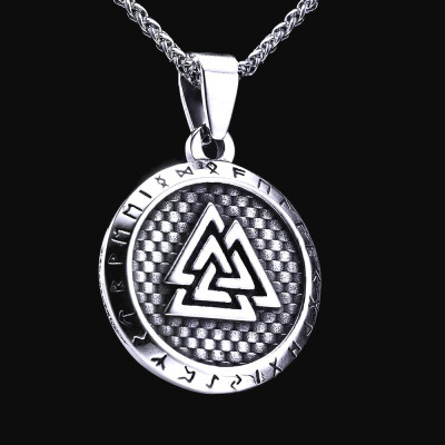 Ocelový Přívěsek + Řetízek - Valknut Amulet / Futhark runy  (026)