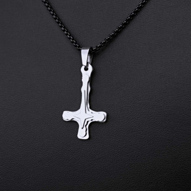 Ocelový Přívěsek + Řetízek Black - Obrácený kříž / upside down cross 13