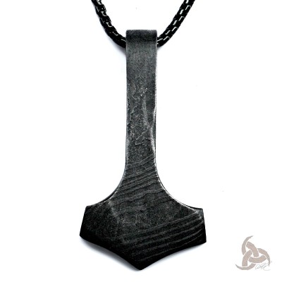 Ocelový Přívěsek - Thorovo kladivo / Damašková ocel / Černý řetízek (V23)