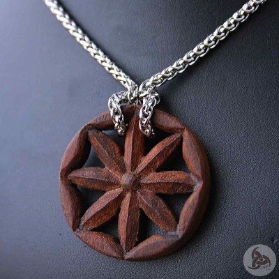 Ocelový náhrdelník - Přívěsek Perunova Hvězda (Ziricote dřevo) 02 + Řetízek Celtic