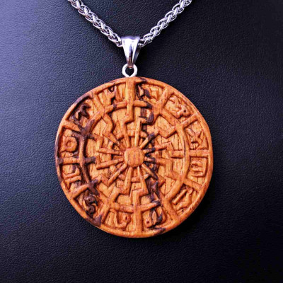 Ocelový Náhrdelník - Zvěrokruh / Black Sun / Zodiac / Zebrano dřevo / Řetízek Celtic 01