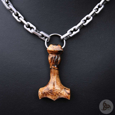 Ocelový náhrdelník - Thorovo kladivo Mjolnir (Stabilizovaný Javor) + Matný Řetěz (01)
