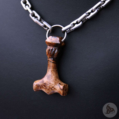 Ocelový náhrdelník - Thorovo kladivo Mjolnir (Stabilizovaný Javor) + Matný Řetěz (01)