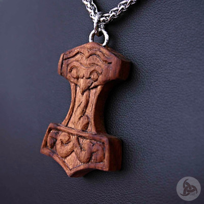 Ocelový náhrdelník - Přívěsek Thorovo kladivo Mjolnir (Tygří dřevo) 01 + Řetízek Celtic